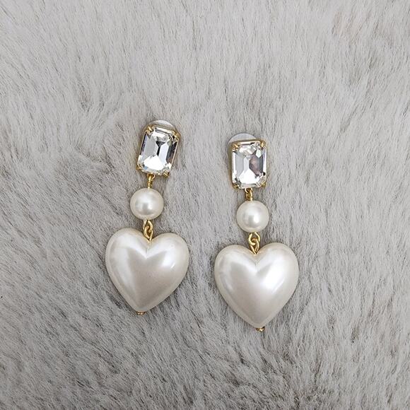 NEW J. Crew Elegant Crystal And Pearl Gold White Heart Drop Earrings - Picture 4 of 8